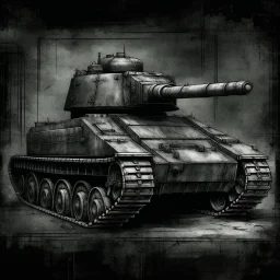 An old army tank a side view , Hyper Realistic Aerial Grungy Dark-Grey Brush strokes on a dark rustic background with charcoals