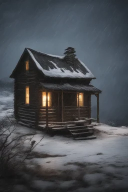 old cabin in a snow storm at night by a lake