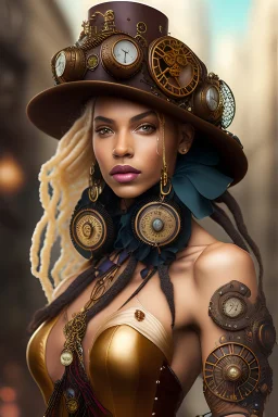 dreadlocks, 1800s,beautiful european slim blonde dreadlock steampunk girl, leather bikini and leather corsage with steampunk ornaments (clock, gears), wearing a cylinder hat with steampunk ornaments, futuristic city street background, subtle make-up, (Extremely Detailed Eyes, Detailed Face and Skin:1.2), Ornate, 1Girl, a young woman, female focus, (Solo:1.4), Standing, (Upper Body:1.2), Looking at Viewer, (clock, goggles, gears, round eyewear), steampunk.