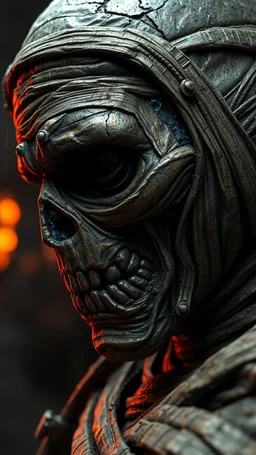Busch painting style nightmare, a zoomed side view of the mummy by his face skin is a rusted broken metallic skin texture in a 3d rendering full-height image of a grim and dark scene. Ensure the final images exhibit the utmost quality, encompassing 4K, 8K, and 64K resolutions, with 3D rendering that manifests in photorealistic, hyperrealistic, and highly detailed representations. Employ techniques such as HDR, UHD,