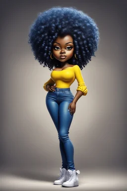 Create an airbrush image of a curvy chibi cartoon black female wearing tight yellow jeans and a blue off the shoulder blouse. Prominent make up with hazel eyes. Extremely highly detailed shiny, wild and large tight curly afro