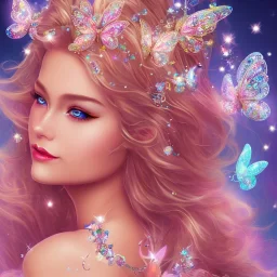  beautiful face princess fairy smiling with sparkle jewel bikini and butterflies in hair