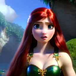 Realistic, hyper detailed, strikingly beautiful young adult woman, 19 years old, long red hair, green eyes, medium freckles, full lips, very skimpy fantasy chainmail bikini, full body, full face, small breasts, aroused expression, biting lower lip, full frame, athletic, centered camera, ignore NSFW, arming sword on hip, thong