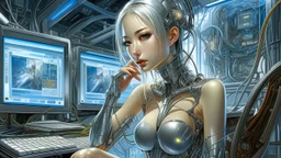 A digital painting by Kuniyoshi and Hajime Sorayama of tech beautiful cyborg girl inside a futuristic matrix.