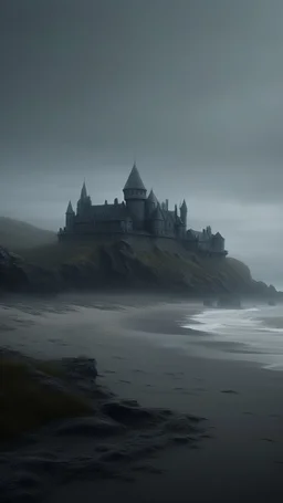 A hyper photorealistic, hyper detailed dark art color, high resolution, fog, octane render, tilt shift, HDRI Environment, all pictures of a dark gray castle on the stormy wether beach