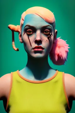 Fashion Portrait, tank girl pin-up, make up, natural busty, retro futuristic style, glow eyes, cinematic, Ultra realistic, jimmy marble artist style, wide angle view, soft color, highly detailed, unreal engine 5, ray tracing, RTX, lumen lighting, ultra detail, volumetric lighting, 3d, finely drawn, high definition.