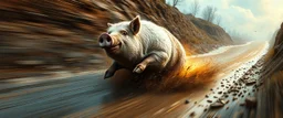 mega blasting fast, so freaking fast, faster than a greased muscle shiny cowboy disco funk fusion fluffy pig on a runaway mud train jumping over the cliff . speed and energy, painted by Rembrandt and fallout 4, straight down a muddy slide