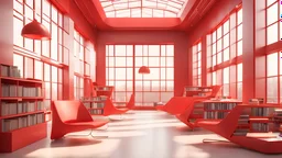 Modern red library interior with sunlight. Decor and desing concept. 3D Rendering