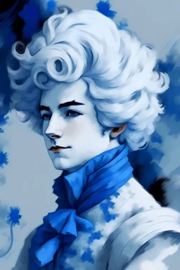 indigo guy with a barroc hairstyle wig in a white corset in oil painting effect ink brushstrokes