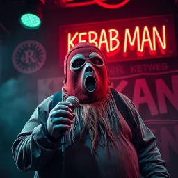 a very fat swedish man, with a skimask with only a hole for the mouth (no eyes), he is called "KEBAB MAN" performing at death metal club, his name is "KEBAB MAN" kebab rolls On stage, kebab Neon lights and smog, and "KEBAB MAN" big sign on the wall, he singing with mic, text in swedish! no translate mr. stable ai, text in swedish! no translate mr. stable ai, text in swedish! no translate mr. stable ai