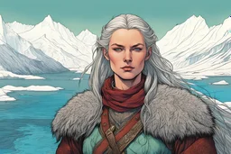 create a full body portrait of a pale female Norse tribal mercenary with highly detailed, delicate feminine facial features, inhabiting an ethereal Northern winter fjord land of pristine blue waters, in the comic book style of Jean Giraud Moebius, David Hoskins, and Enki Bilal, precisely drawn, boldly inked, with vibrant colors