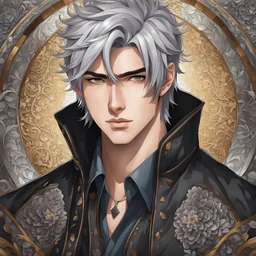 A stunningly detailed (((headshot portrait))), capturing the essence of a young man in his 20s with silver hair and piercing gray eyes, exuding a sense of confidence and protection, anime realism style, intricate mosaic backdrop