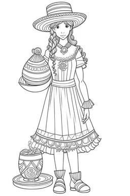 Outline art for coloring page OF FULL BODY OF A PERUVIAN BLONDE GIRL WITH A TOY SLINKY IN 1950, coloring page, white background, Sketch style, only use outline, clean line art, white background, no shadows, no shading, no color, clear