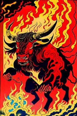 Vintage illustration of a demonic and magical bull made of red flames and fire, savage and obstreperous nature, charging down from black stormy sky, Tsuguyuki Kubo art, Topcraft, vintage storybook illustration, Beardsleyesque, ornamental, fantasy folk art, psychedelic, inspires by 70s Japanese anime, early Studio Ghibli, fantasy animation cartoon, last unicorn