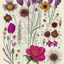 delicate arrangement of pressed flowers, beautiful composition, aesthetic layout, wildflowers, fine lineart, botanical illustration