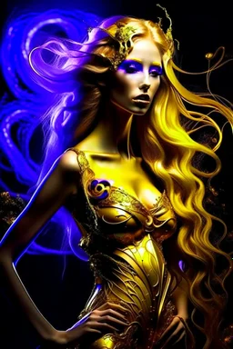 VERY BEAUTIFUL WOMAN FROM THE PLANET VENUS, WITH STRANGE CLOTHES ON HER BODY, LONG GOLDEN HAIR WITH A PURPLE AURA ON HER BODY