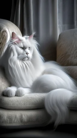 White cat, long hair, sitting on a sofa hdr