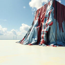 Fotografia di una superficie piatta di colore azzurro chiaro e giallo pastello, su cui si erge un gigantesco immenso enorme edificio di forma indefinita, fatta di materiali vari, ricoperta da materiale plastico argentato, rosso, e nero, che scende a terra. Max Ernst, Audubon, Amano, Ernst Haeckel e Yves Tanguy, paranoic, obsessive, nightmare, aria aperta, sole, nuvole, glossy, surreal, hasselblad h6d400c --ar 85:128 --v 6.