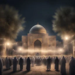 Hyper realistic celebration outside Al-Aqsa Mosque with garland light at night