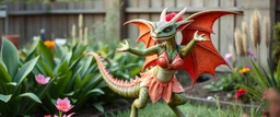 totally symmetric gremlin dragon nice cheerleader in garden doing her thing full body portrait T-pose