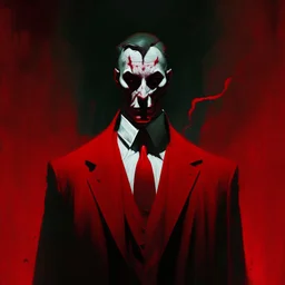 a sinister figure wearing a red suit with a red tie and a priest's clerical collar with no face and dirty slicked back hair