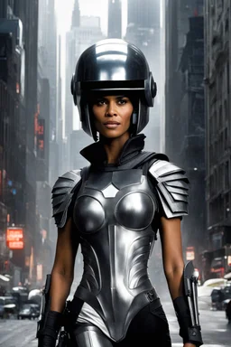 The streets of Mega City One were alive with the constant hum of activity, but in the midst of the chaos, a figure stood tall and resolute. Halle Berry, clad in the iconic helmet of a Judge, commanded attention as she surveyed the sprawling metropolis. The helmet, a symbol of authority and unwavering justice, rested firmly on Berry's head, obscuring her features but amplifying the aura of power that surrounded her. The citizens of Mega City One couldn't help but be drawn to her presence, instinc