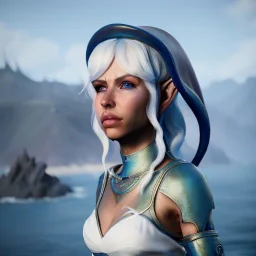 [Sea Elf] [Maormer] Hero Queen with [white hair] and [blue skin] on a ship with crew [fantasy] [realism] [Elder scrolls]