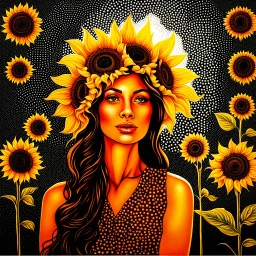 Portrait of a woman, sun and sunflowers, eclectic harmonic dot art