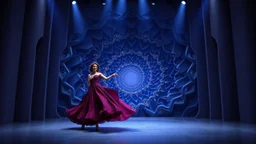 modern stage with gray-blue theme artistic decoration , color full dynamic lighting, a beautiful lady in modern maxy dark purple red dress with shining silver jwells dancing, 3D recursive fractal structure animating background