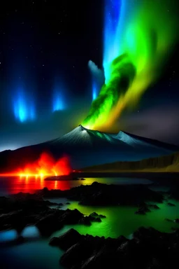 aurora boreal, volcán con lava