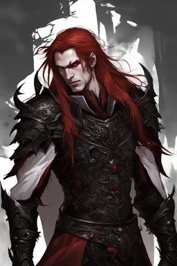 male vampire with long red hair, red eyes, in light armor