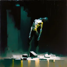 Minimal abstract oil painting of concrete fragments of body and illuminated at night. In the style of Justin Mortimer and Phil Hale and Ashley Wood