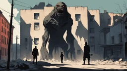 devouring the human soul, a weird, strange, shadow standing in front of a building, magical soviet town, gigantic creature, graphic novel cover art, , strong shadows), wartorn, gigantic, take cover, photo of, 1km tall, neighborhood, prey, necromancy,