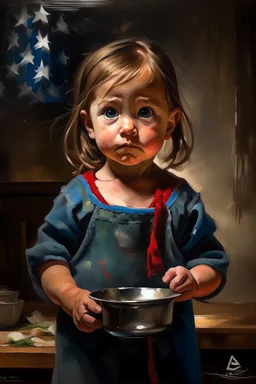 an expressive painting of a 3 years old girl poor with Ruth clothes asking for food with a pan in her hand painting, with American flag in the background, we might see a companion with features of absolute strength and determination, blended with warmth and deep faith. Perhaps his face expresses wisdom and courage, with eyes radiating confidence and faith.