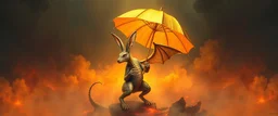 smite by god was the evil hare gremlin winged serpent man holding a golden umbrella in a pool of smoke and lava in the style of Escher and Giger.