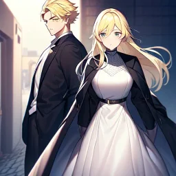 anime couple, female is wearing white dress, female is short, female has long hair, female has blonde hair, female is standing forward, male is tall, male is wearing black coat, male has short hair, male has drown hair, male is walking away