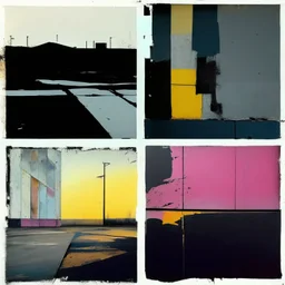 Minimal contemporary abstract oil paintings desolate 1960s carpark concrete fragments at dusk sunset. In the style of Justin Mortimer and Francis Bacon. road markings.