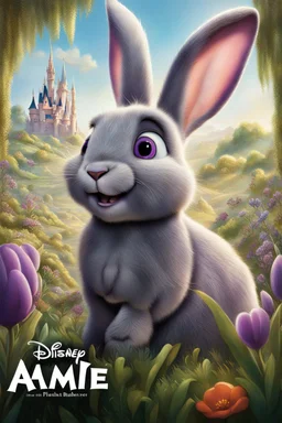 Movie poster for a Disney-Pixar movie called "Amie" about a giant gray flemish giant rabbit with purple eyes and big eyelashes