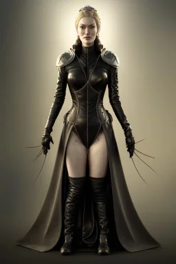 Cersei Lannister as evil dominatrix in black leather, mistress, busty, cleavage, curvy, lena headay, angry, stern look. character design by cory loftis, fenghua zhong, ryohei hase, ismail inceoglu and ruan jia. unreal engine 5, artistic lighting, highly detailed, photorealistic, fantasy