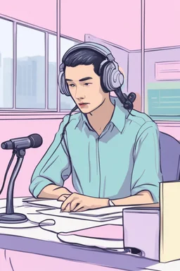 A simultaneous interpreter is sitting at a table with headphones with a microphone at a foreign briefing, the background is blurred, everything is in pastel colors,