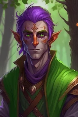 male wood elf, rogue, copper skin, bright green eyes, purple hair, skinny, trees