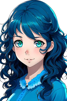 anna is an anime girl with black curly hair and blue eyes