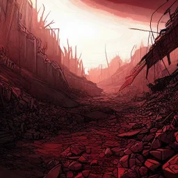  line Art coloured, destroyed, post apocalyptic, darkred tones, darkblue tones,