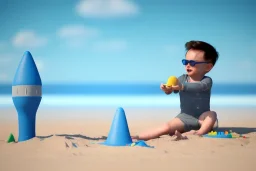 Toddler Elon Musk building a Very tall skinny space rocketShip sandcastle on the beach, Blue shovel, plastic bucket, sunglass