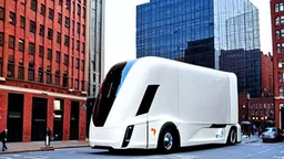 A Tesla semi-truck is parked, on the South Street Seaport, in New York. CINEMATIC. WIDE ANGLE LENS. PHOTO REAL.