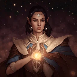 Generate a dungeons and dragons character portrait of a female elf with tan skin and dark hair, who is a cleric of the moon, recolor image in white, silver and slate blue with a starry celestial theme,