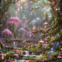 magical forest with sparkle and jewel butterflies and flowers and pink mushrooms waterfall