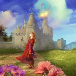  Castle into sky, with flowers of fire. Green clouds and birds. Shy girl going out of the main gate. Detailed painting, sharp color, medieval, intricate detail, far sceen, realistic colors, medieval concept art. spring.