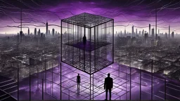 picture an cube like cage with dense bars inner stands a human figure alone , in outside around in the distance big landscape with big city and many fade human figures in the city, dark purple, gray, black, white, brown. Whimsical style and surreal vibe, lonely with neuron network background, surreal stunning vibe
