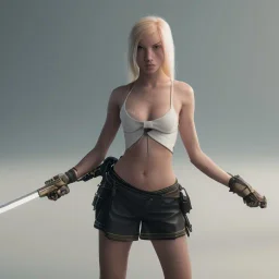 blonde girl in ninja outfit holding katana, unreal engine 5, octane render,cinema4d, dynamic lighting, 8k, redshift render, highly, hyperrealism ultra detailed, hyper realistic.